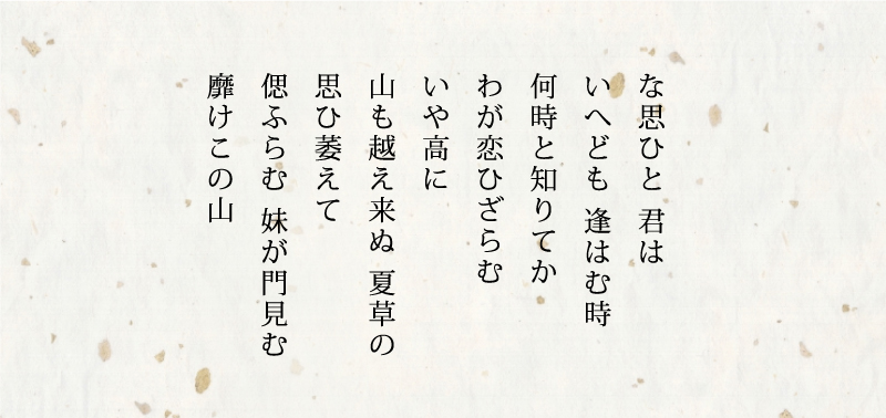 な思ひと 君は いへども 逢はむ時 何時と知りてか わが恋ひざらむ
いや高に 山も越え来ぬ 夏草の 思ひ萎えて 偲ふらむ 妹が門見む 靡けこの山